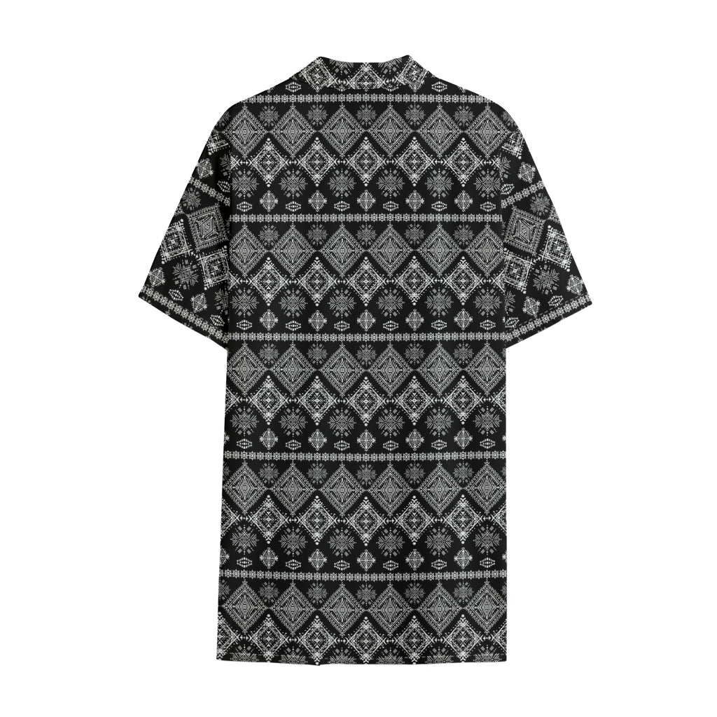 Black And White Boho Tribal Print Cotton Hawaiian Shirt