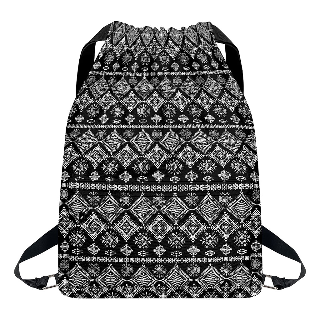 Black And White Boho Tribal Print Drawstring Backpack
