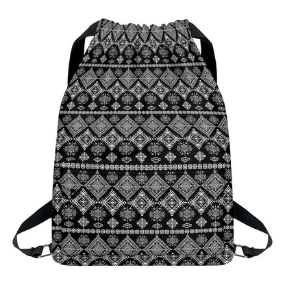 Black And White Boho Tribal Print Drawstring Backpack