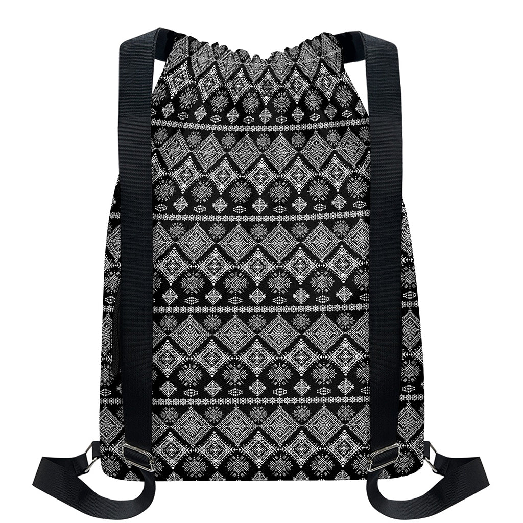 Black And White Boho Tribal Print Drawstring Backpack