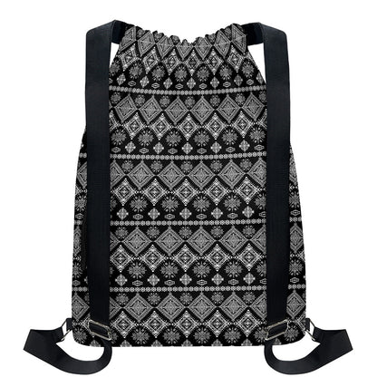 Black And White Boho Tribal Print Drawstring Backpack