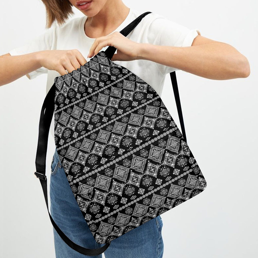 Black And White Boho Tribal Print Drawstring Backpack