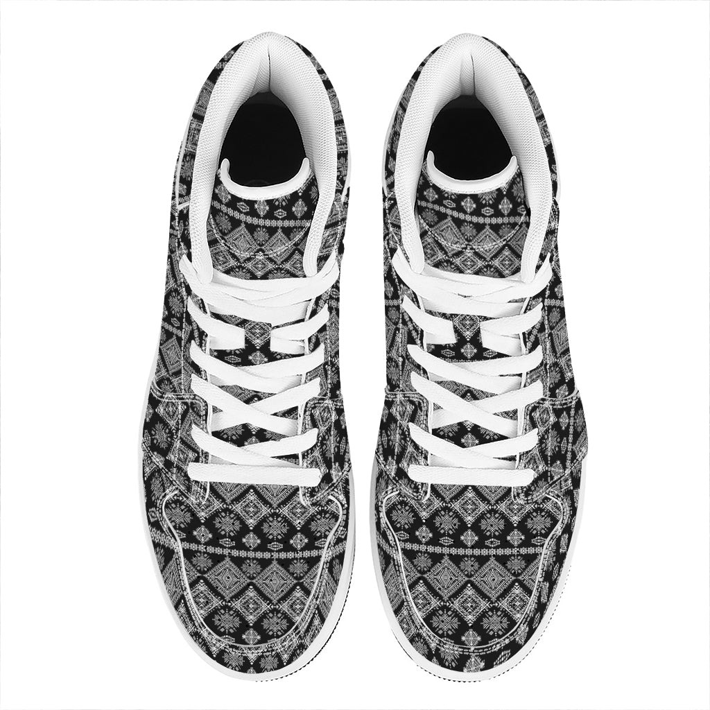 Black And White Boho Tribal Print High Top Leather Sneakers