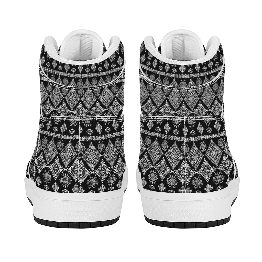 Black And White Boho Tribal Print High Top Leather Sneakers