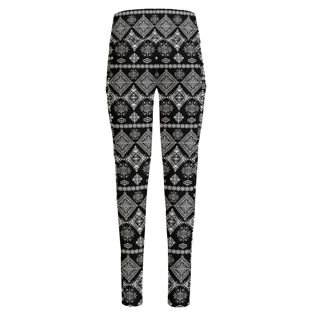 Black And White Boho Tribal Print High-Waisted Pocket Leggings