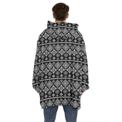 Black And White Boho Tribal Print Hoodie Blanket