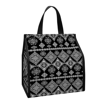 Black And White Boho Tribal Print Insulated Lunch Tote