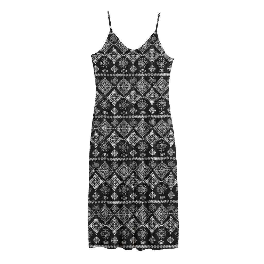 Black And White Boho Tribal Print Jersey Midi Cami Dress
