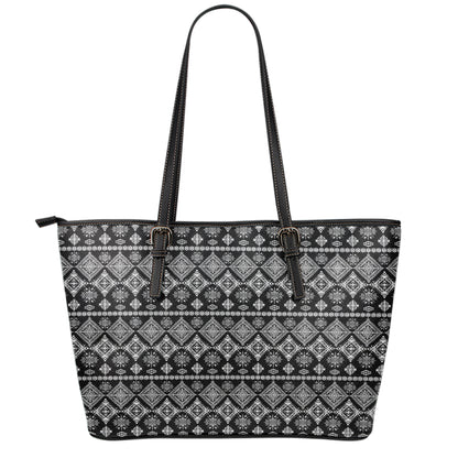 Black And White Boho Tribal Print Leather Tote Bag