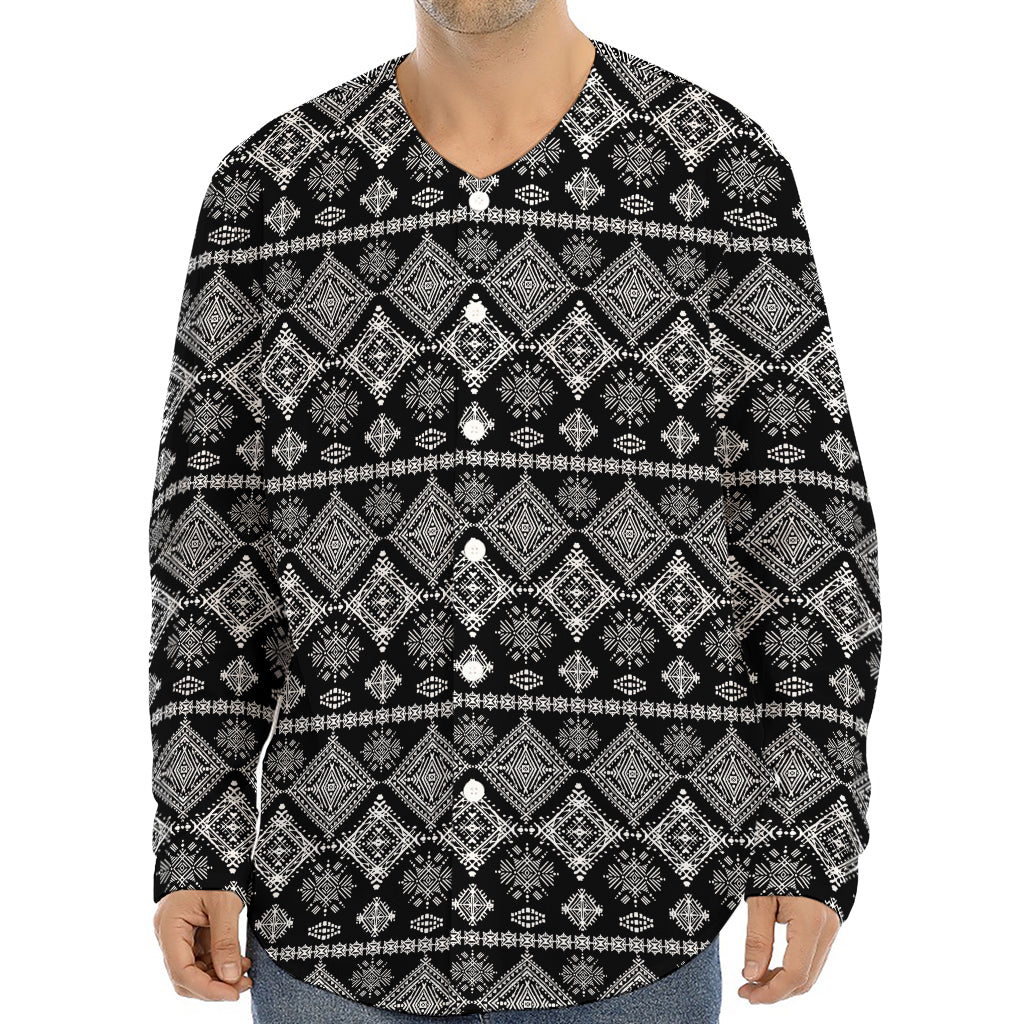 Black And White Boho Tribal Print Long Sleeve Baseball Jersey