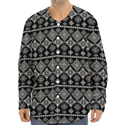 Black And White Boho Tribal Print Long Sleeve Baseball Jersey