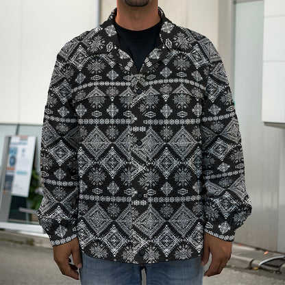 Black And White Boho Tribal Print Men's Shirt Jacket