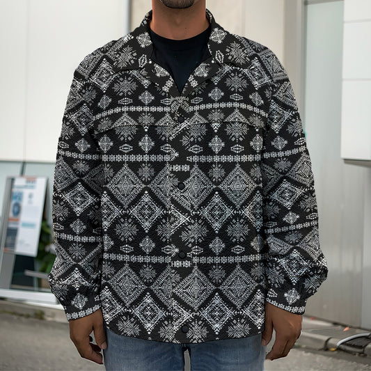 Black And White Boho Tribal Print Men's Shirt Jacket