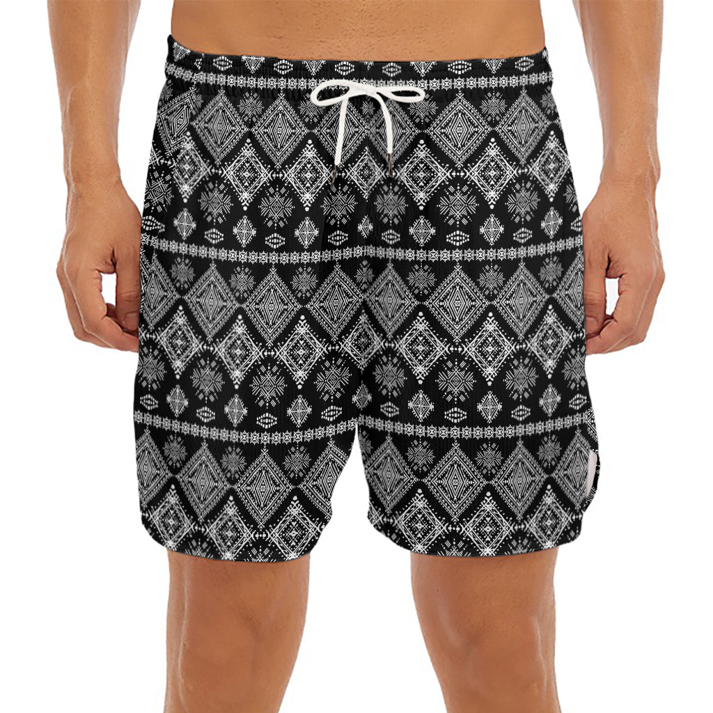 Black And White Boho Tribal Print Men's Split Running Shorts
