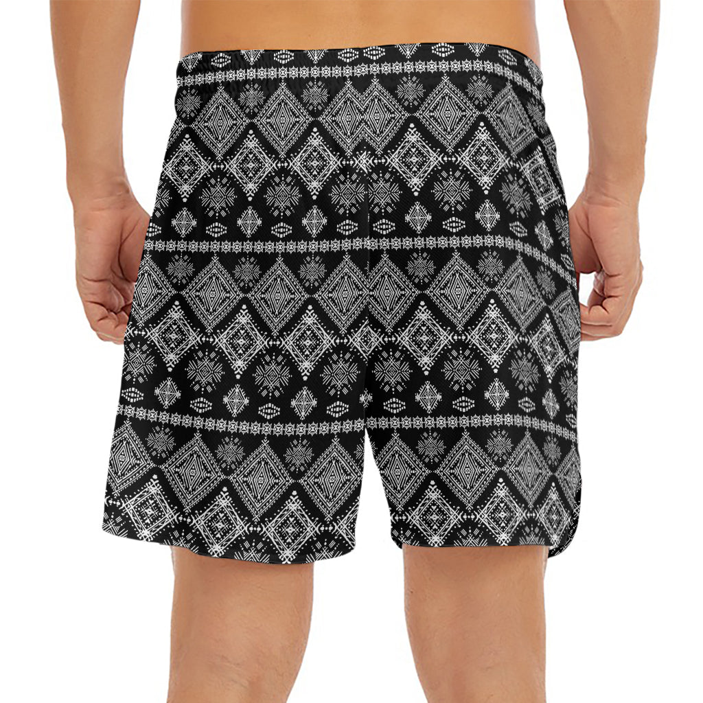 Black And White Boho Tribal Print Men's Split Running Shorts
