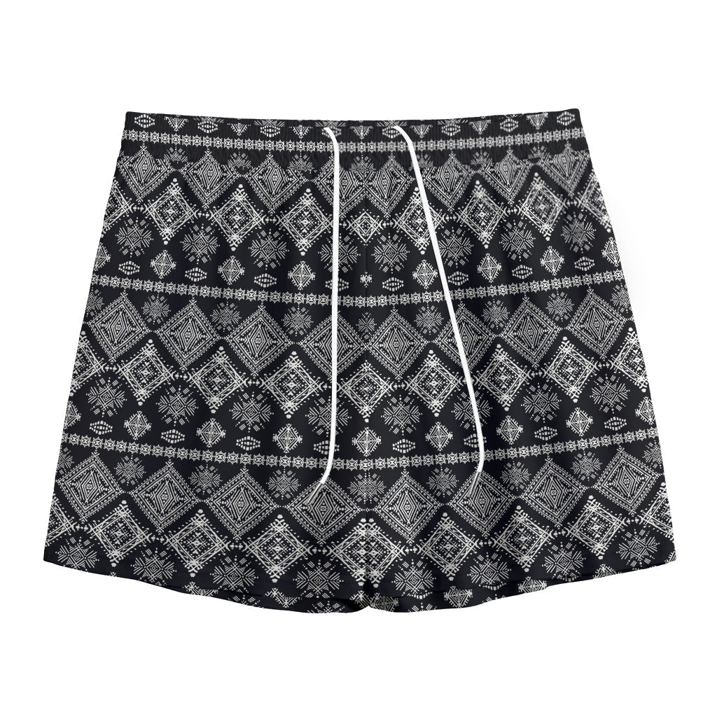 Black And White Boho Tribal Print Mesh Shorts