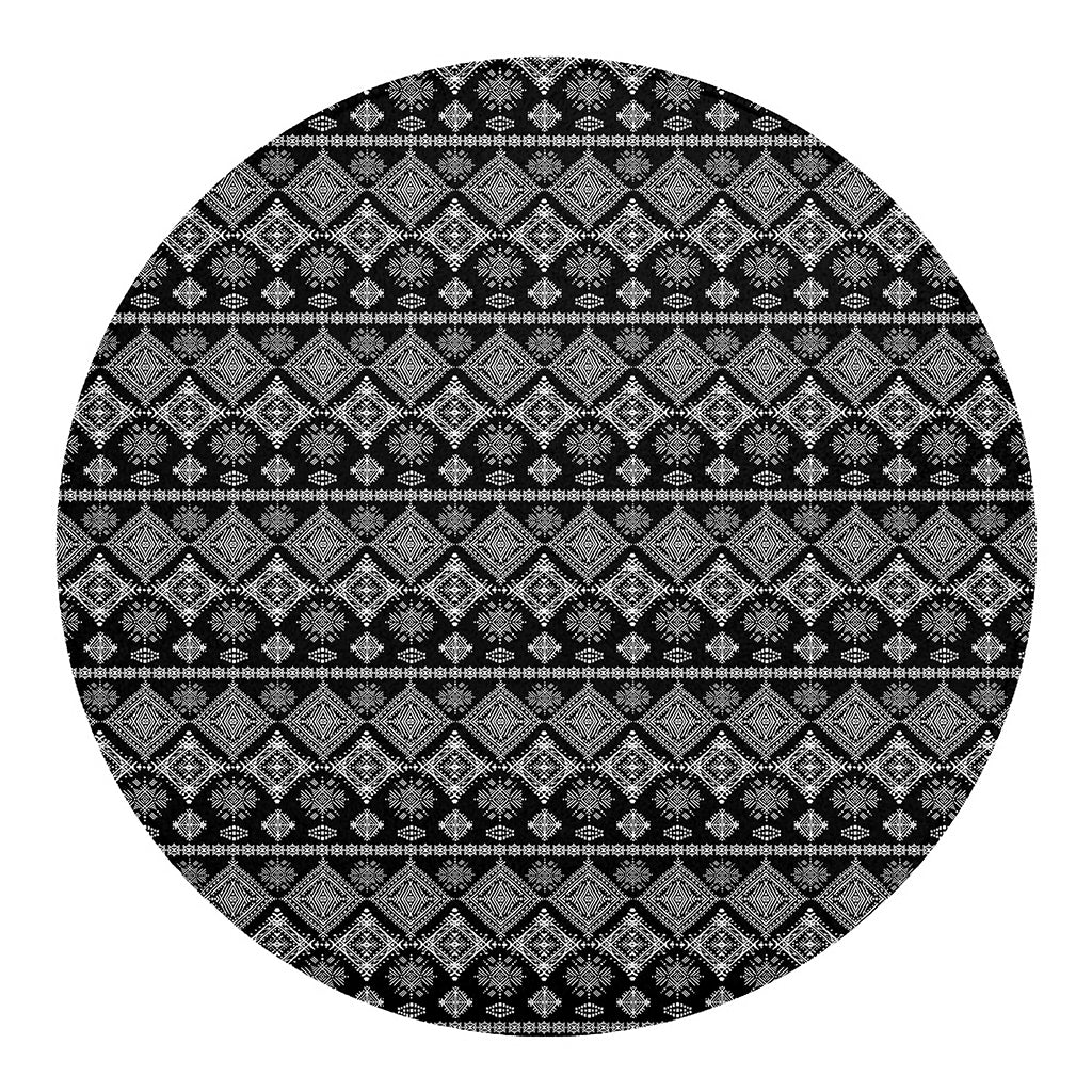 Black And White Boho Tribal Print Round Blanket