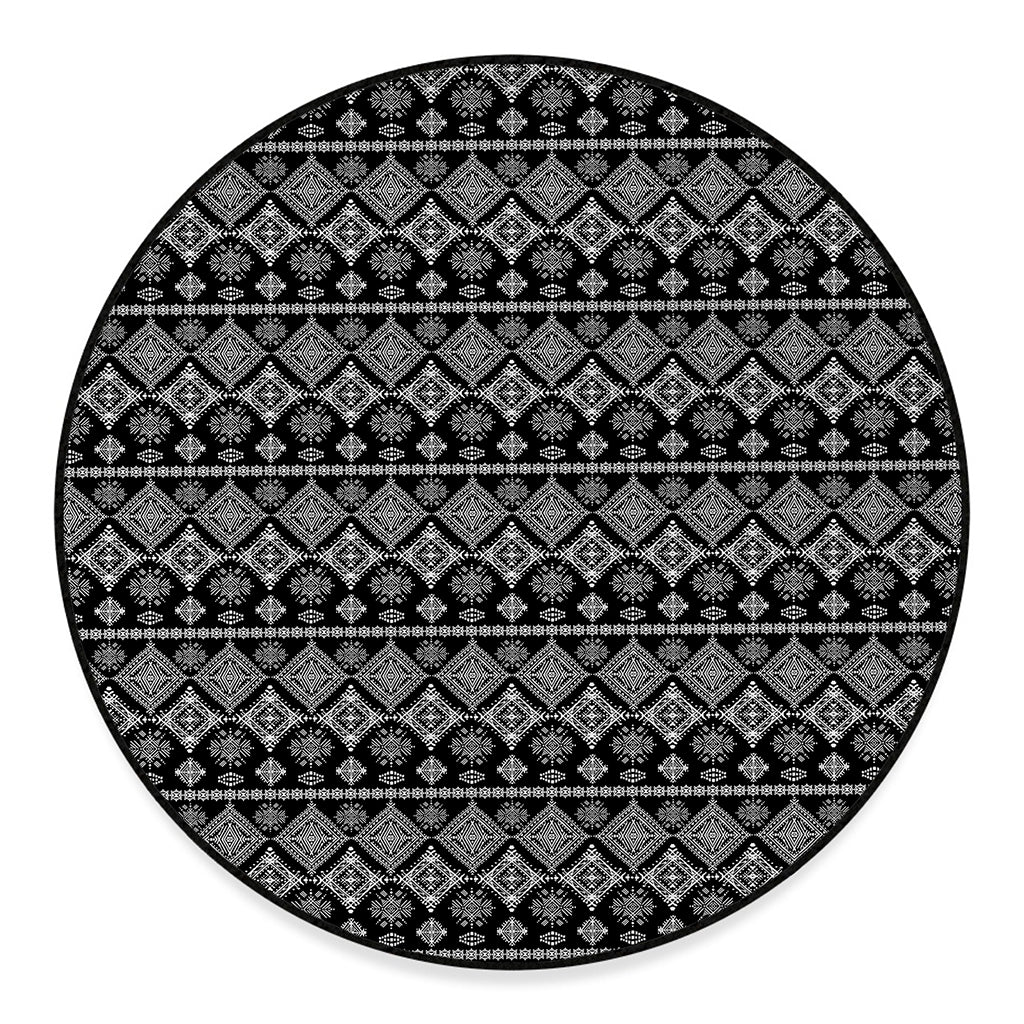 Black And White Boho Tribal Print Round Floor Mat