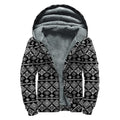 Black And White Boho Tribal Print Sherpa Lined Zip Up Hoodie