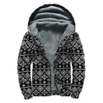 Black And White Boho Tribal Print Sherpa Lined Zip Up Hoodie