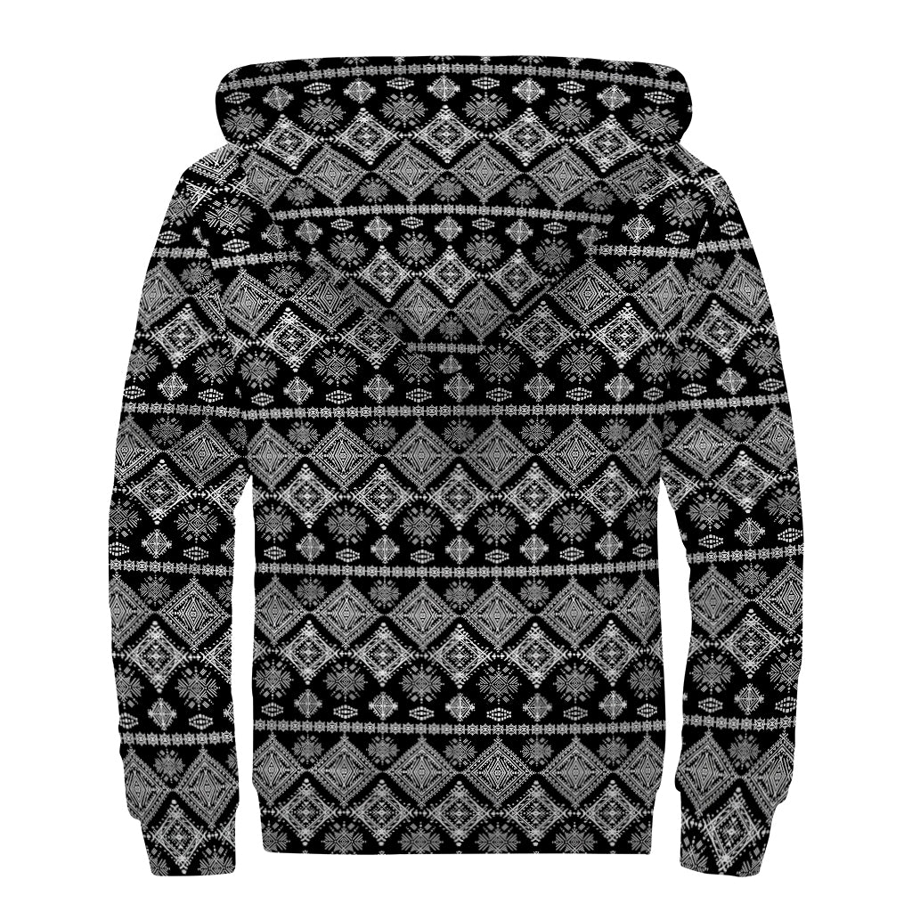 Black And White Boho Tribal Print Sherpa Lined Zip Up Hoodie