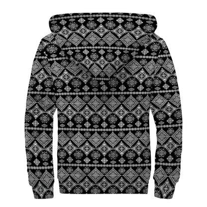 Black And White Boho Tribal Print Sherpa Lined Zip Up Hoodie
