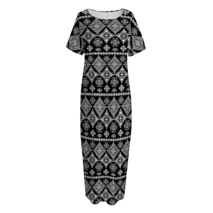Black And White Boho Tribal Print Short Sleeve Long Nightdress