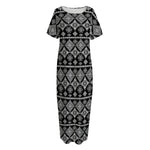 Black And White Boho Tribal Print Short Sleeve Long Nightdress