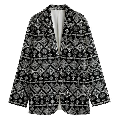 Black And White Boho Tribal Print Women's Cotton Blazer