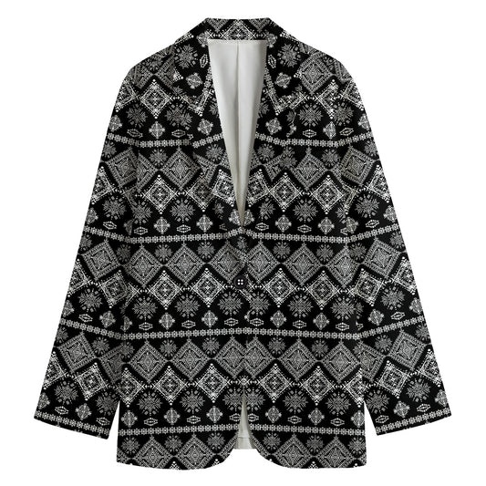 Black And White Boho Tribal Print Women's Cotton Blazer