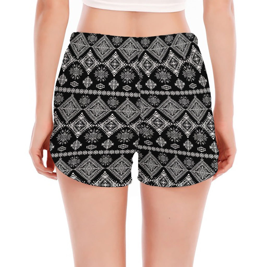 Black And White Boho Tribal Print Women's Split Running Shorts