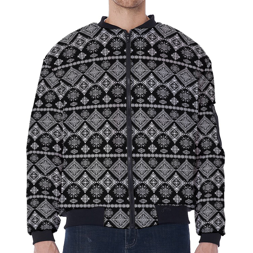 Black And White Boho Tribal Print Zip Sleeve Bomber Jacket