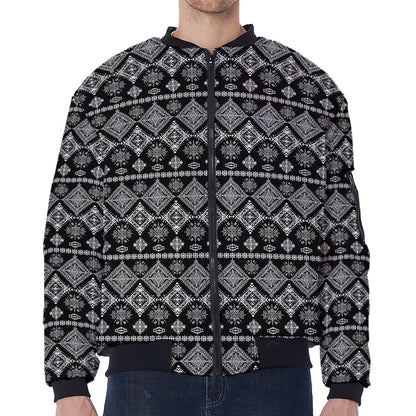 Black And White Boho Tribal Print Zip Sleeve Bomber Jacket