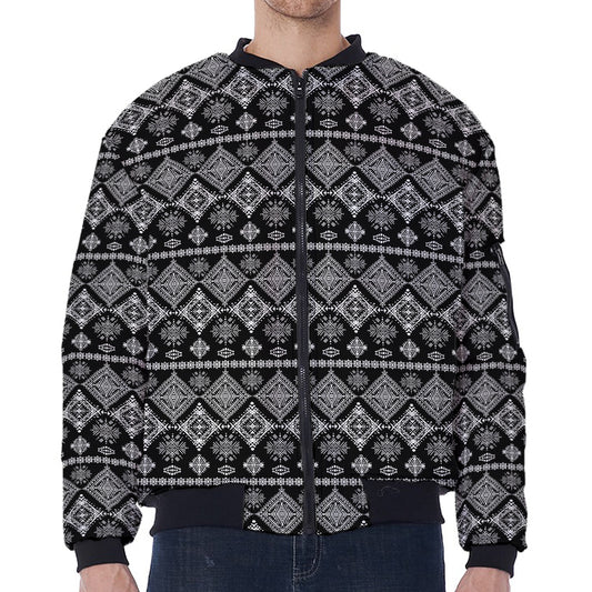 Black And White Boho Tribal Print Zip Sleeve Bomber Jacket