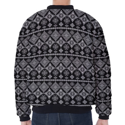Black And White Boho Tribal Print Zip Sleeve Bomber Jacket