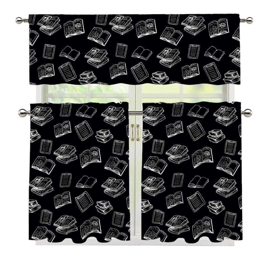 Black And White Books Pattern Print 3 Piece Kitchen Curtains