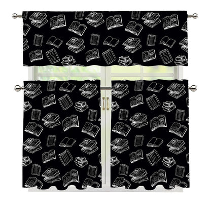 Black And White Books Pattern Print 3 Piece Kitchen Curtains