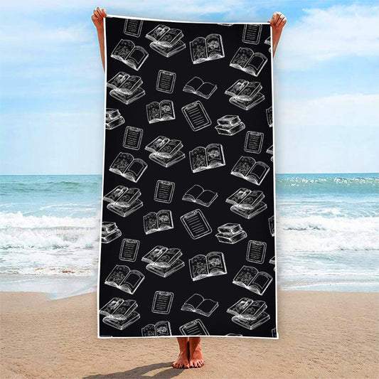 Black And White Books Pattern Print Beach Towel