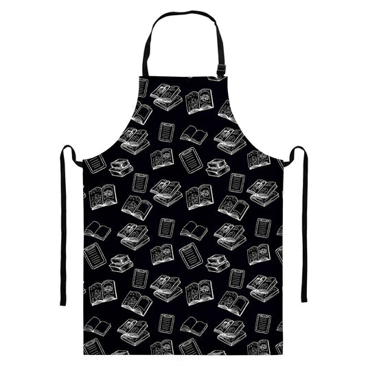 Black And White Books Pattern Print Bib Apron With Pocket