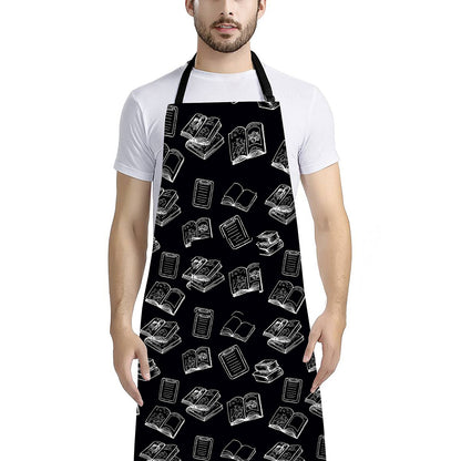 Black And White Books Pattern Print Bib Apron With Pocket