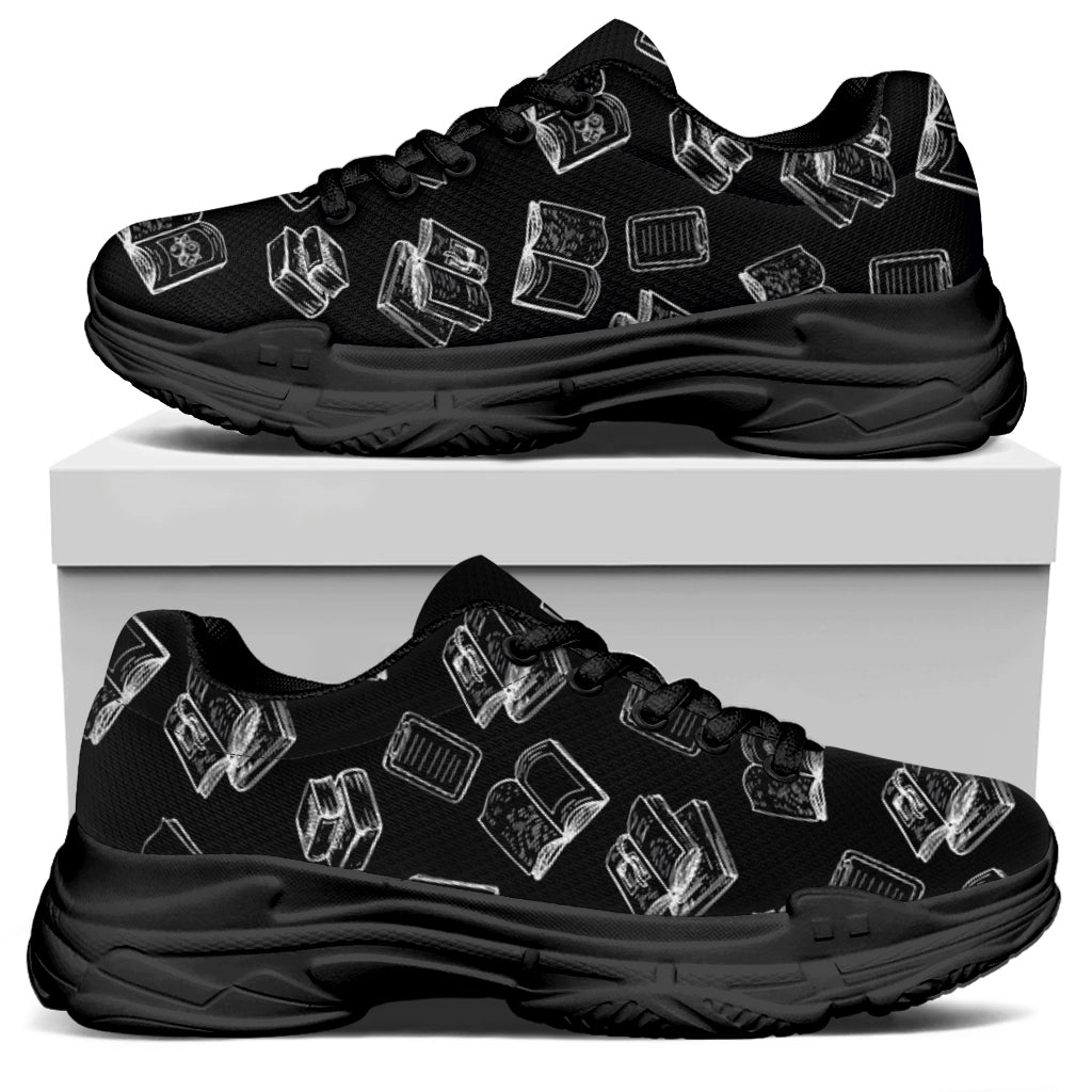 Black And White Books Pattern Print Black Chunky Shoes