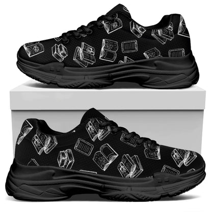 Black And White Books Pattern Print Black Chunky Shoes