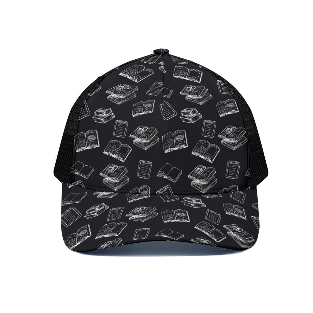 Black And White Books Pattern Print Black Mesh Trucker Cap