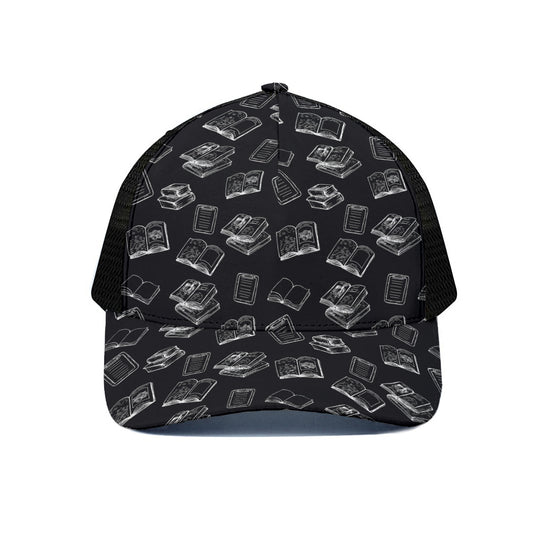 Black And White Books Pattern Print Black Mesh Trucker Cap