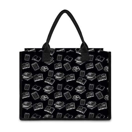 Black And White Books Pattern Print Canvas Tote Bag