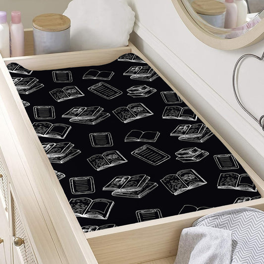 Black And White Books Pattern Print Changing Pad Cover