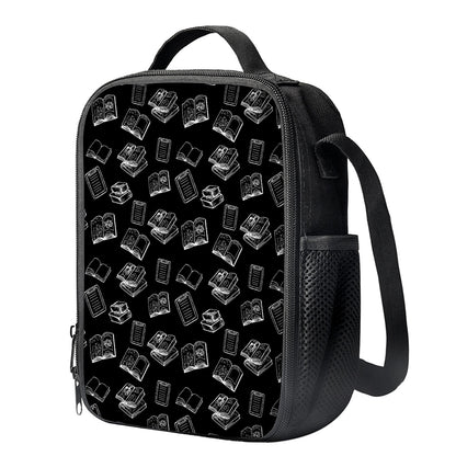Black And White Books Pattern Print Crossbody Lunch Bag