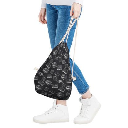 Black And White Books Pattern Print Drawstring Bag
