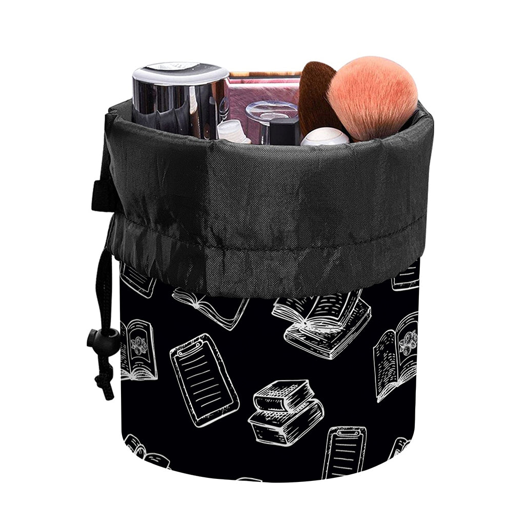 Black And White Books Pattern Print Drawstring Makeup Bag