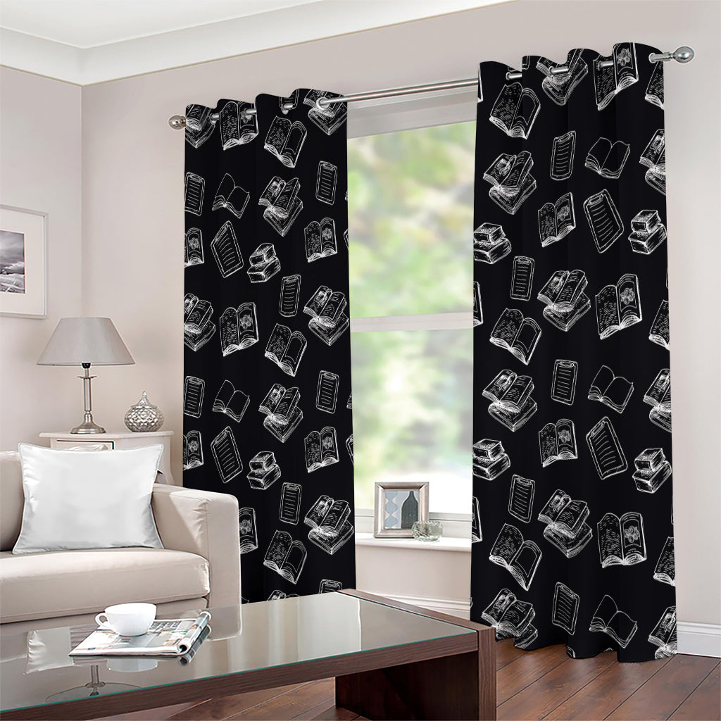 Black And White Books Pattern Print Extra Wide Grommet Curtains